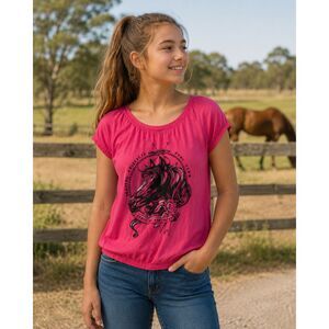 Mambo Australia Girls L Pink Pony Club Horse Graphic Top SS Western Tee #11